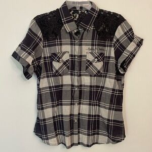 Harley Davidson Motorcycles lightweight plaid snap front shirt & bling & lace